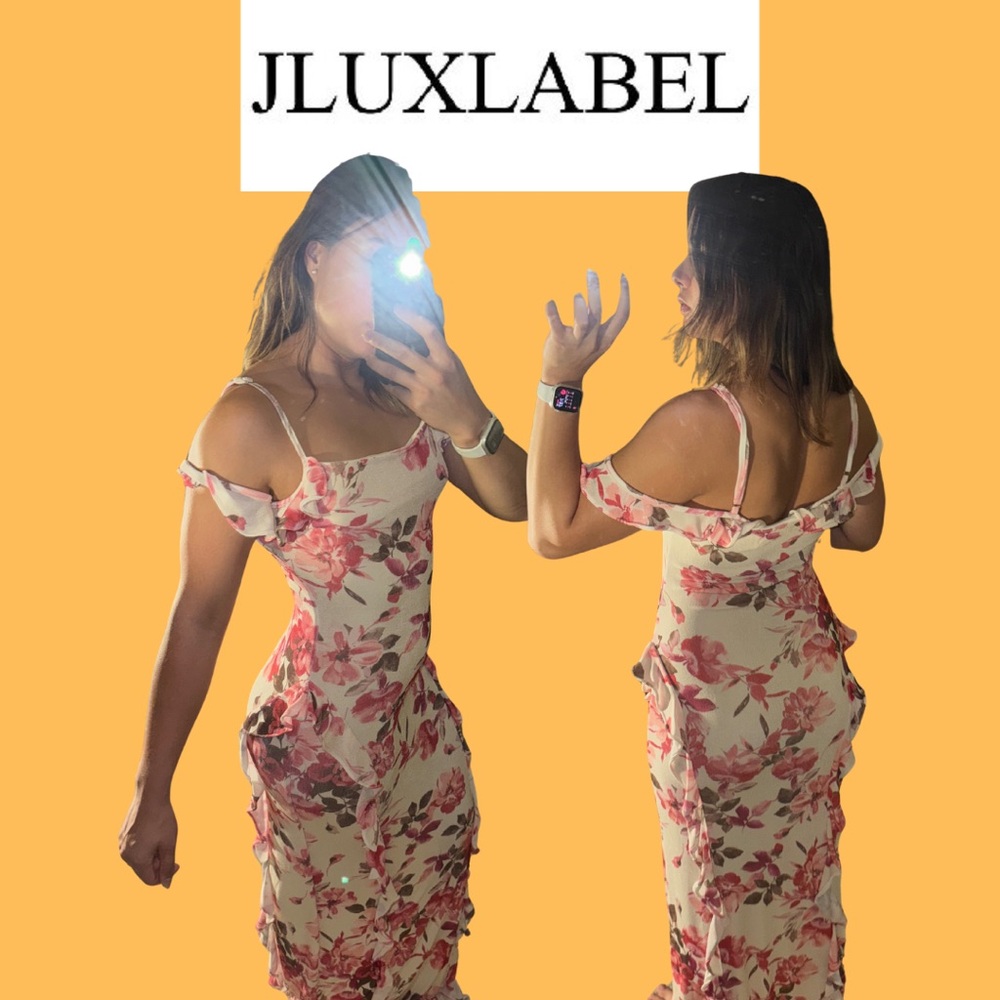 JLUXLABEL Pink Floral Straps w/ Cold Shoulder Ruffle Maxi Dress NWT